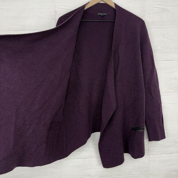 Eileen Fisher Cardigan Medium Purple Merino Wool Open Front Leather Trim Pockets - Picture 5 of 14